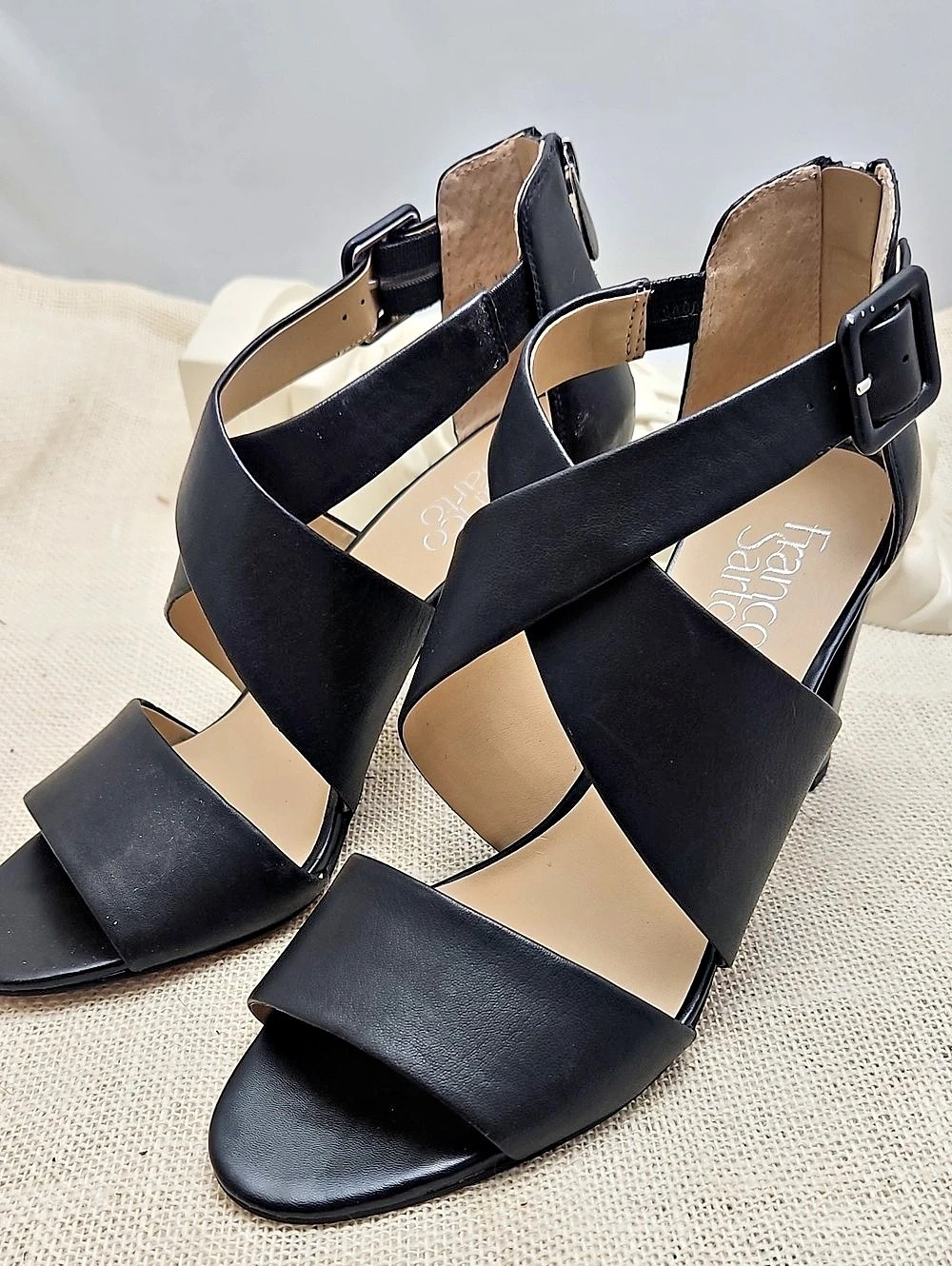 Franco Sarto Black Leather Strappy Block Heel Sandals